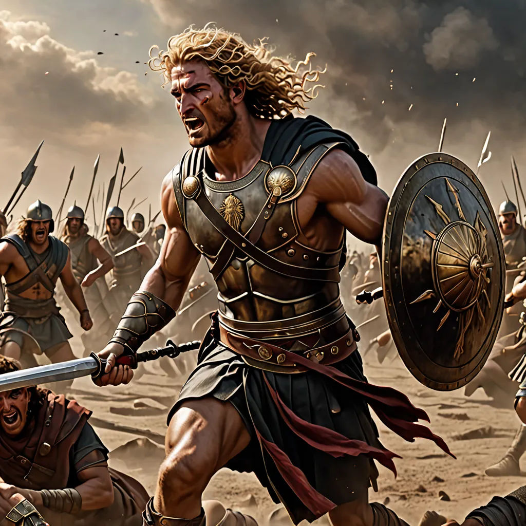 a group of men in armor and helmets fighting in a desert area with a sky background and clouds in the background, antipodeans, a detailed matte painting, Clint Cearley, weta digital