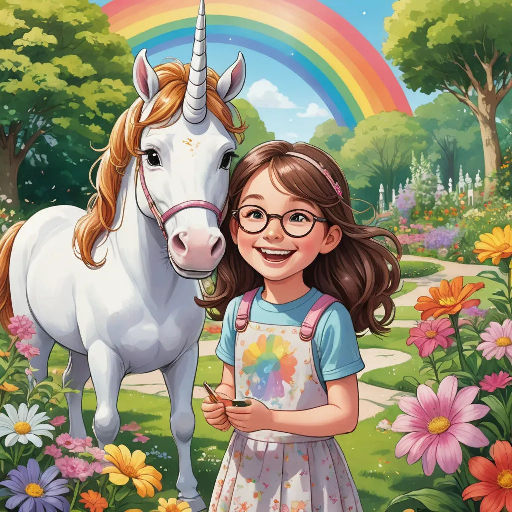 a girl standing next to a unicorn in a field of flowers and flowers with a rainbow in the background, magical realism, a storybook illustration, Claire Hummel, key art