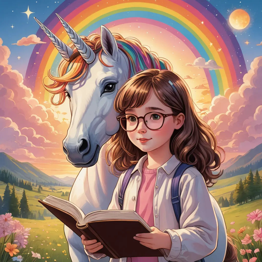 a girl reading a book with a unicorn on her head and a rainbow in the background with clouds and stars, fantasy art, a storybook illustration, Dan Mumford, comic cover art