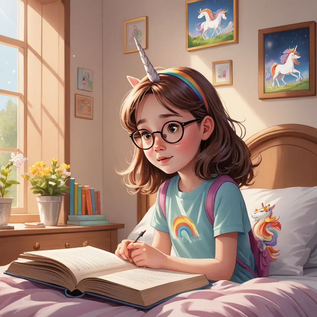a girl with a unicorn horn reading a book in bed with a unicorn on her head and a rainbow on her forehead, fantasy art, a storybook illustration, Cyril Rolando, rossdraws global illumination