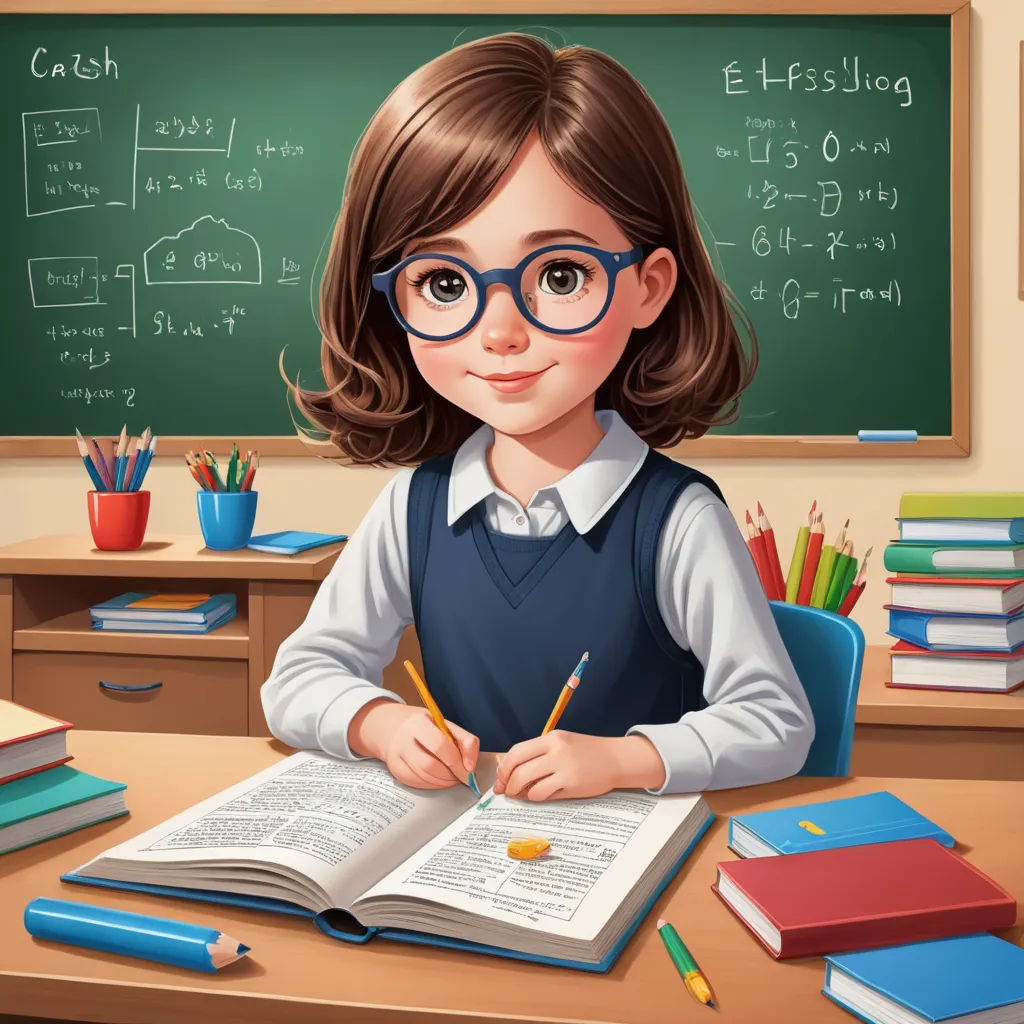 a girl is sitting at a desk with a book and pencils in front of her and a blackboard with a lot of books, academic art, a storybook illustration, Cyril Rolando, professional digital painting