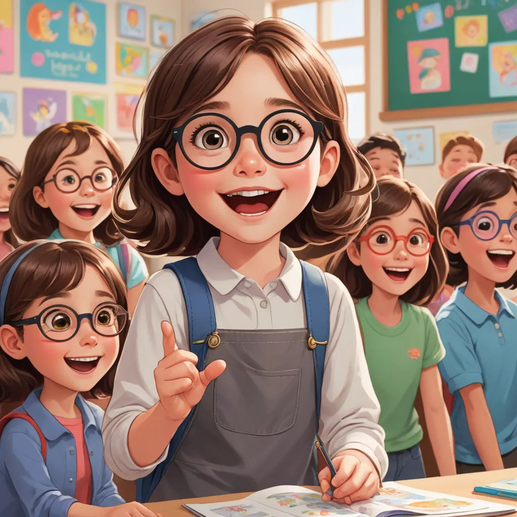 a cartoon girl with glasses and a book giving a thumbs up to a group of children in a classroom, paris school, a storybook illustration, Ada Gladys Killins, cgstudio
