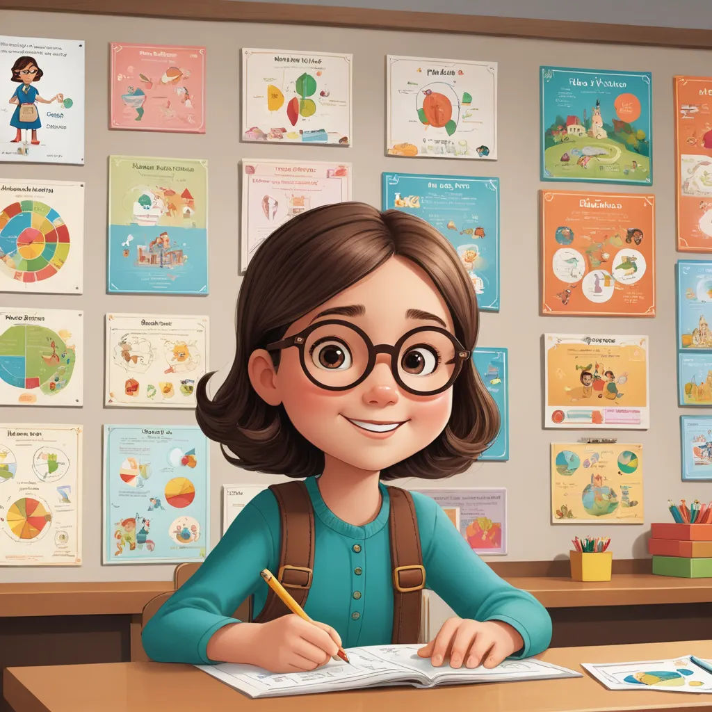 a cartoon girl sitting at a desk with a pen and paper in front of her and a bunch of books on the wall behind her, paris school, a storybook illustration, Diego Gisbert Llorens, character sheet