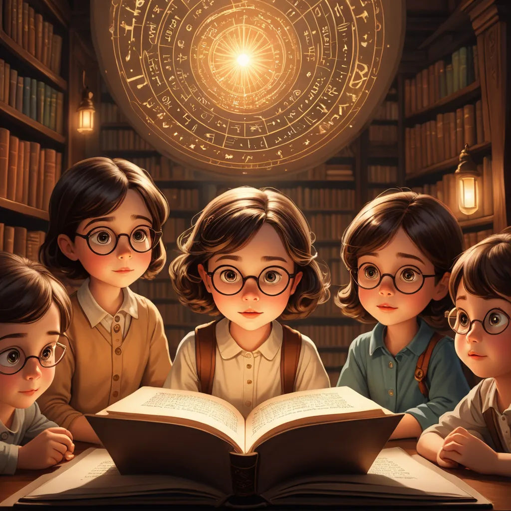 a group of children reading a book in a library with a light shining in the background and a circular light above them, rayonism, a storybook illustration, Diego Gisbert Llorens, storybook illustration