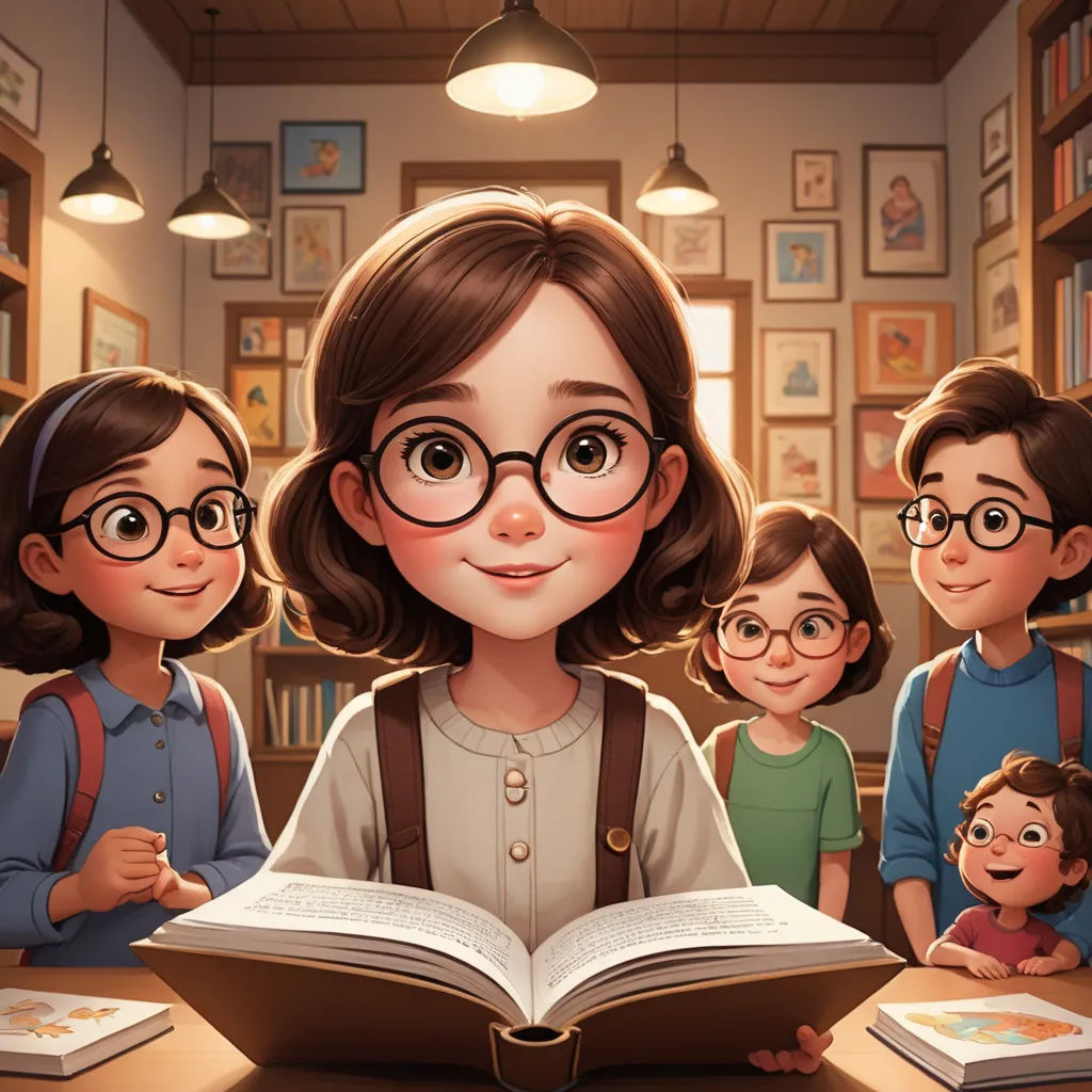 a cartoon of a girl reading a book with her family in the background and a book on the table, academic art, a storybook illustration, Ada Gladys Killins, storybook illustration