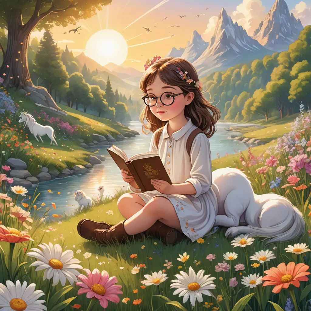 a girl sitting on the grass reading a book in the mountains with a dog nearby and a river running through it, fantasy art, a storybook illustration, Cyril Rolando, storybook illustration
