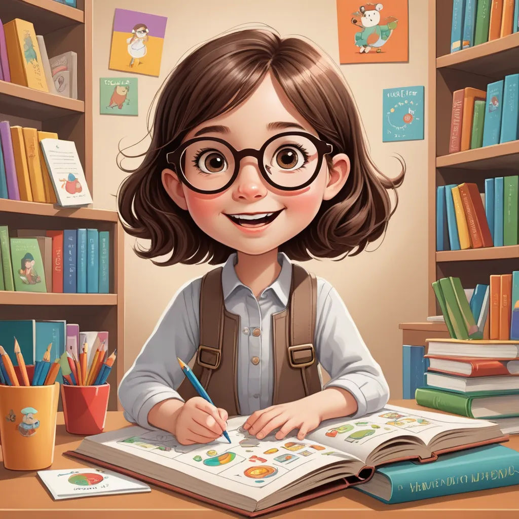 a cartoon girl is sitting at a desk with books and pencils in her hand and smiling at the camera, fantasy art, a storybook illustration, Diego Gisbert Llorens, storybook illustration