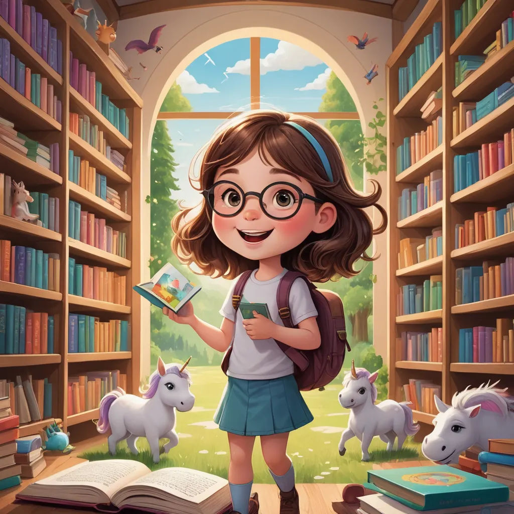 a girl with glasses is reading a book in a library with unicorns and a bookcase full of books, fantasy art, a storybook illustration, Chris LaBrooy, storybook illustration