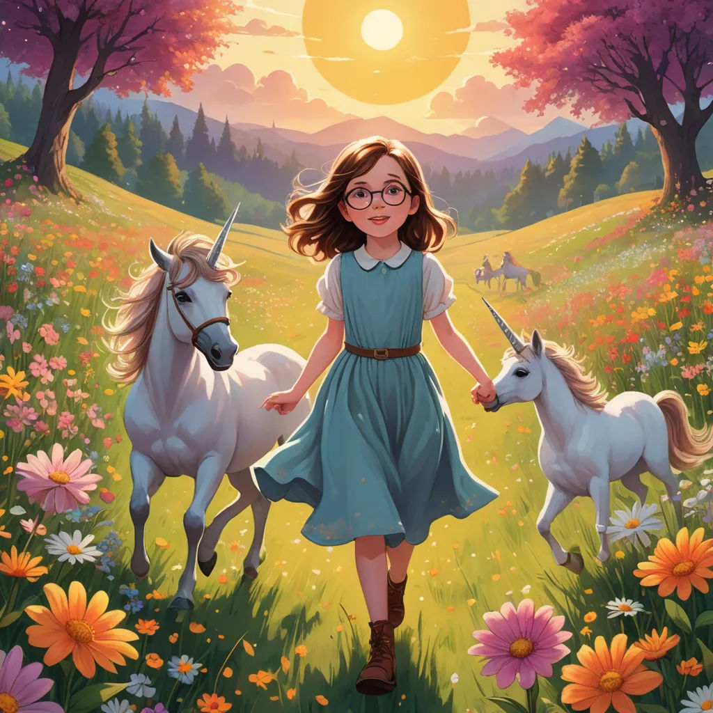 a girl in a blue dress is walking with two unicorns in a field of flowers and trees with a sun in the background, magical realism, a storybook illustration, Aaron Jasinski, rossdraws global illumination