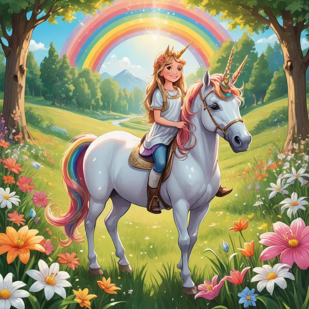 a girl riding a white unicorn in a field of flowers and trees with a rainbow in the background and a rainbow in the sky, fantasy art, a storybook illustration, Alice Prin, official art