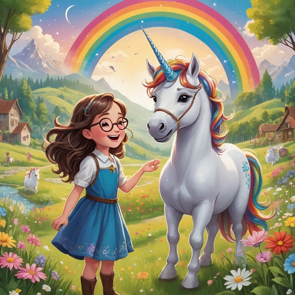 a girl in a dress standing next to a unicorn in a field with flowers and a rainbow in the background, magical realism, a storybook illustration, Anne Stokes, comic cover art