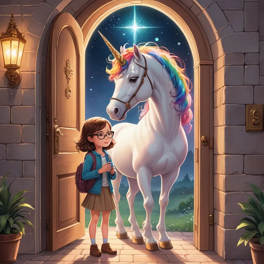 a girl standing in front of a unicorn doorway with a star on it's forehead and a unicorn standing next to her, magical realism, a storybook illustration, Dan Mumford, key art