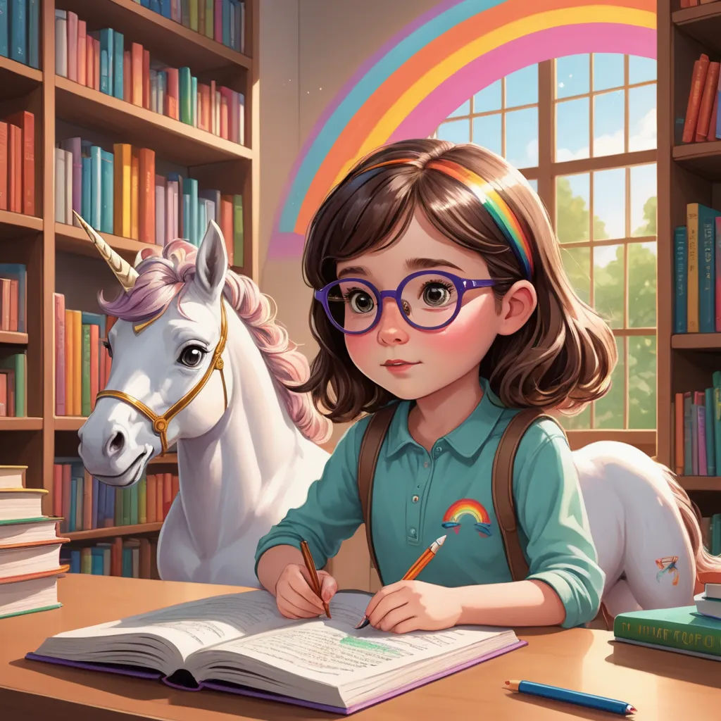 a girl is sitting at a desk with a unicorn and a book in front of her and a rainbow in the background, fantasy art, a storybook illustration, Artgerm, rossdraws global illumination