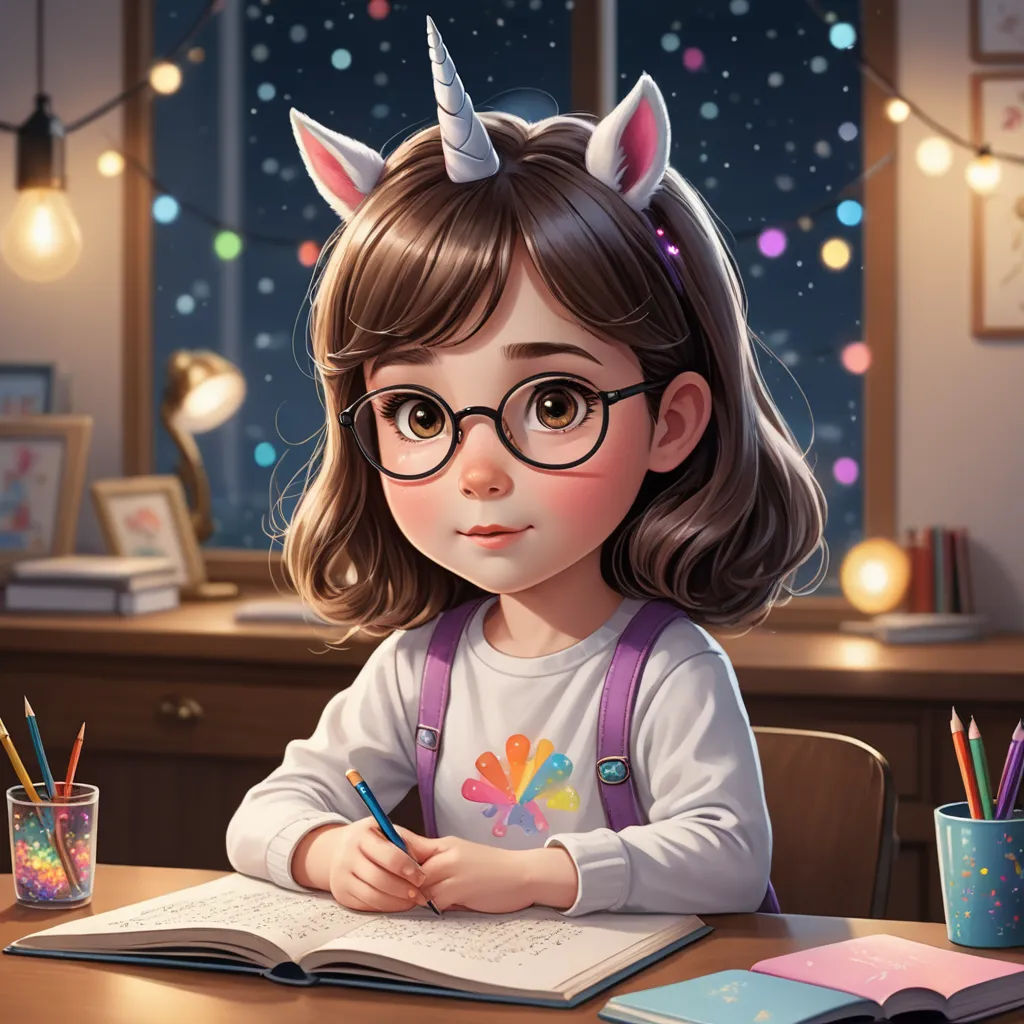 a little girl with glasses and a unicorn horn is sitting at a desk with a book and pencils, fantasy art, a storybook illustration, artist, trending on art station