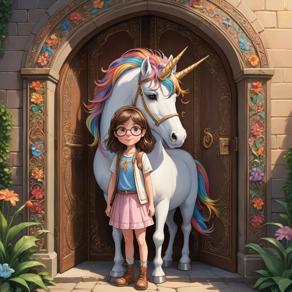 a girl standing in front of a unicorn with glasses on her head and a book in her hand, in front of a doorway, magical realism, a storybook illustration, Chris LaBrooy, key art
