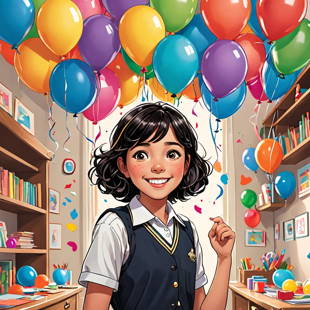 a girl holding a bunch of balloons in a room with a desk and bookshelves in the background, Artgerm, private press, a comic book panel, comic cover art