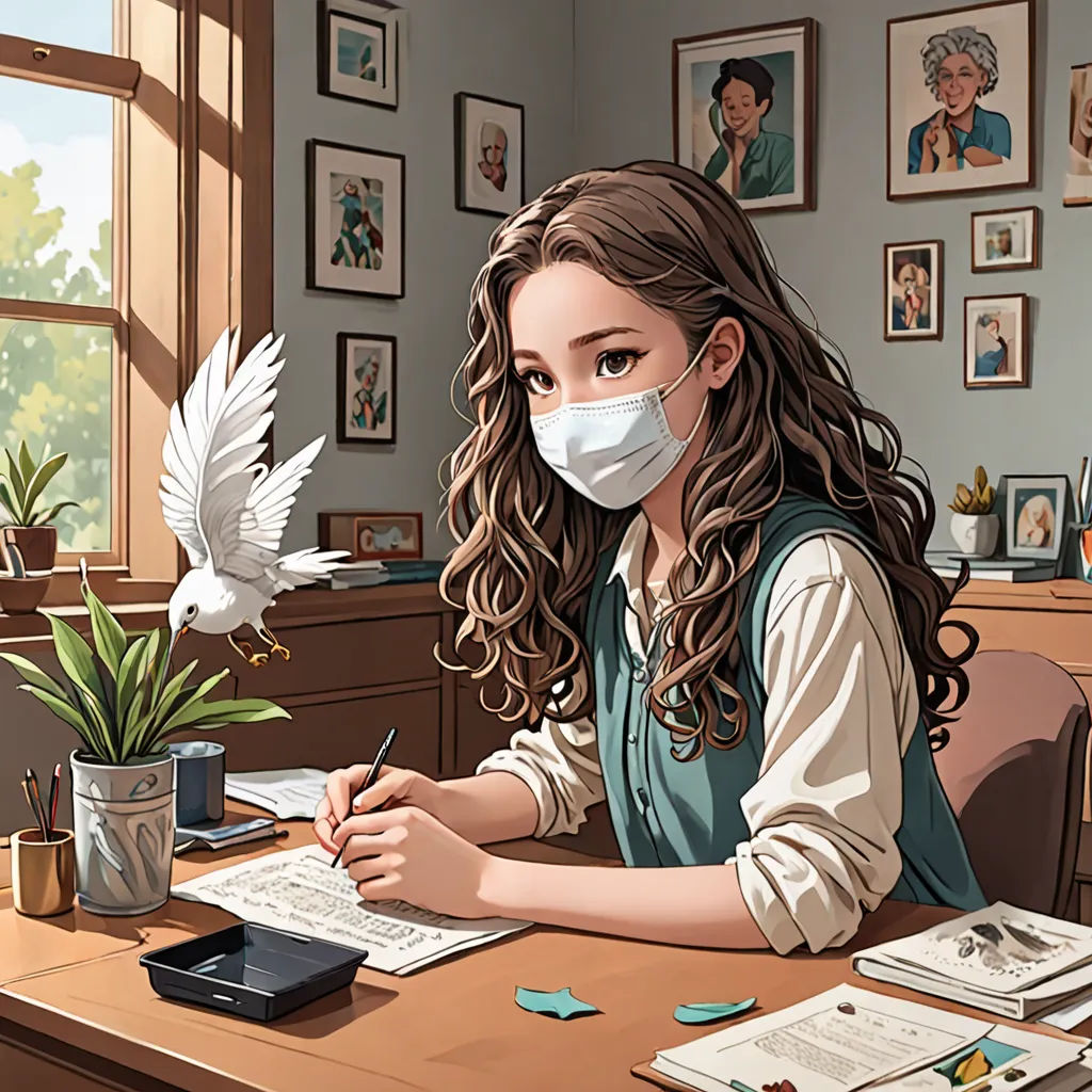 a woman in a mask sitting at a desk with a bird on her desk top and papers on the desk, Artgerm, american scene painting, a comic book panel, stanley artgerm lau