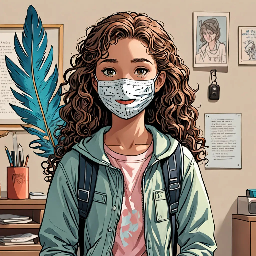 a woman wearing a face mask and a green jacket in an office with a blue feather on her shoulder, artist, process art, a character portrait, graphic novel