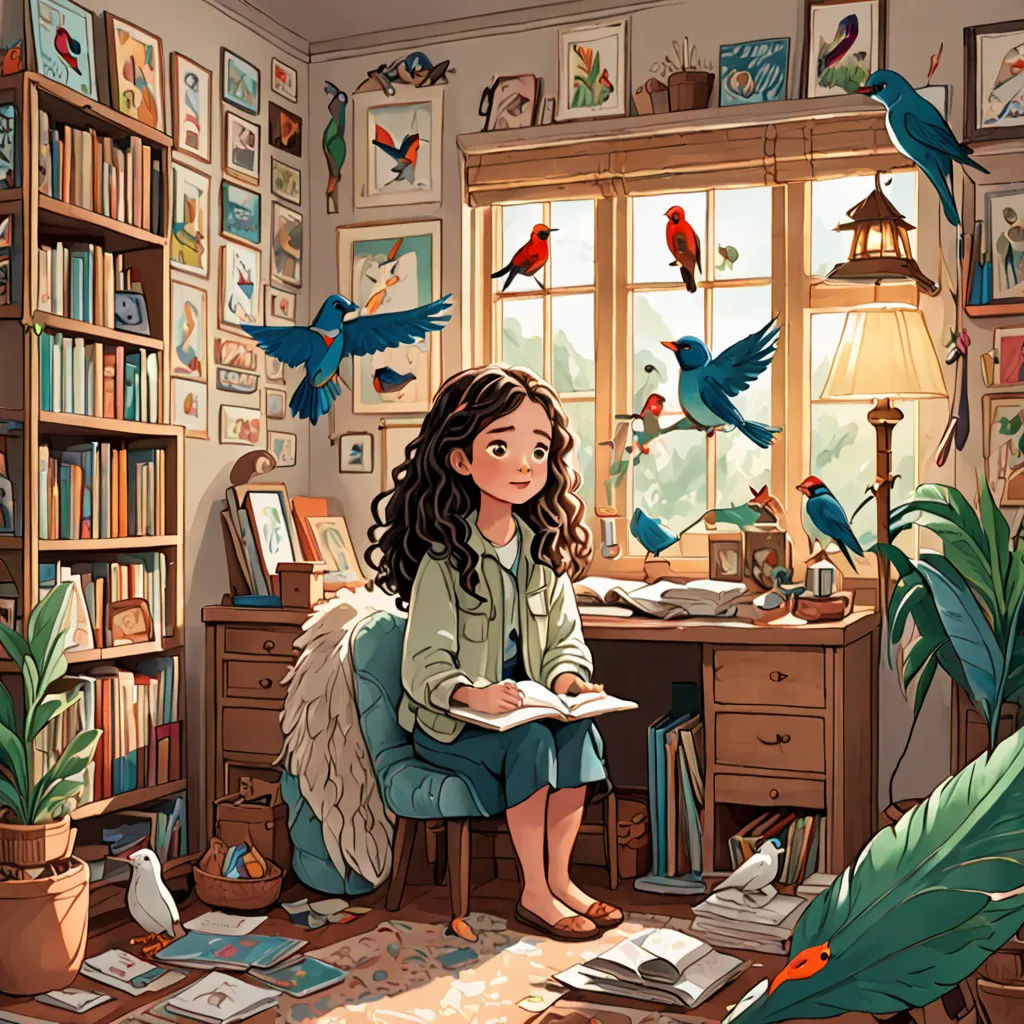 a girl sitting in a room with birds flying around her and a book on the floor in front of her, Chris LaBrooy, context art, a storybook illustration, storybook illustration
