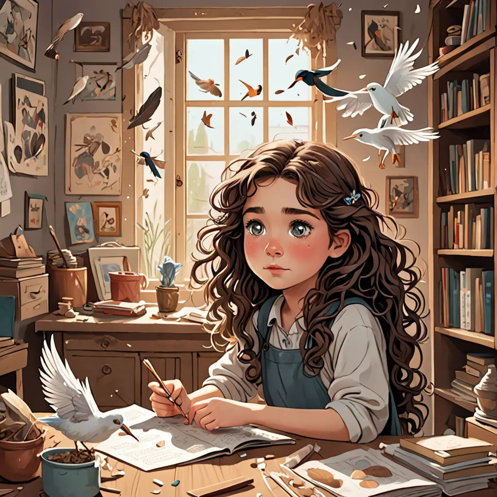 a girl sitting at a desk with a bird flying over her head and a book on the table in front of her, Artgerm, fantasy art, a storybook illustration, trending on art station