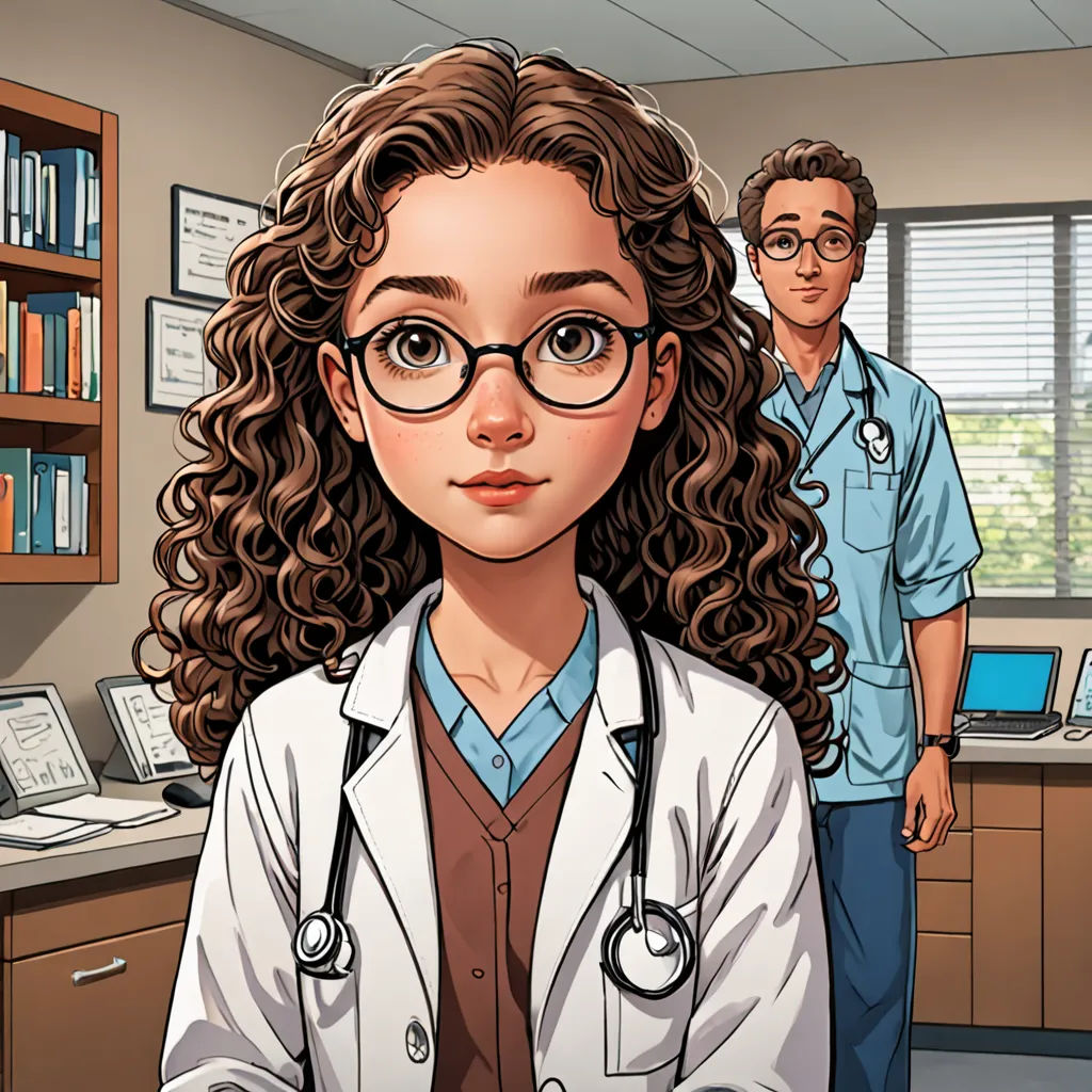 a cartoon of a doctor and a nurse in a room with a computer desk and bookshelves on the wall, Doc Hammer, sots art, a comic book panel, graphic novel
