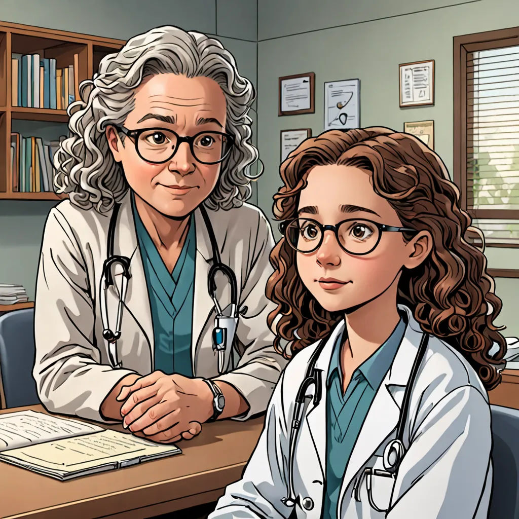 a woman sitting at a desk next to a doctor in a room with a computer monitor and a bookcase, Doc Hammer, remodernism, a comic book panel, official art