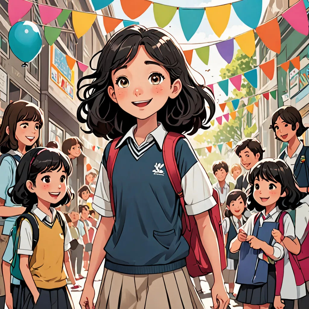 a cartoon of a girl in a school uniform with a group of children in the background and a banner with balloons, Choi Buk, paris school, a comic book panel, official art