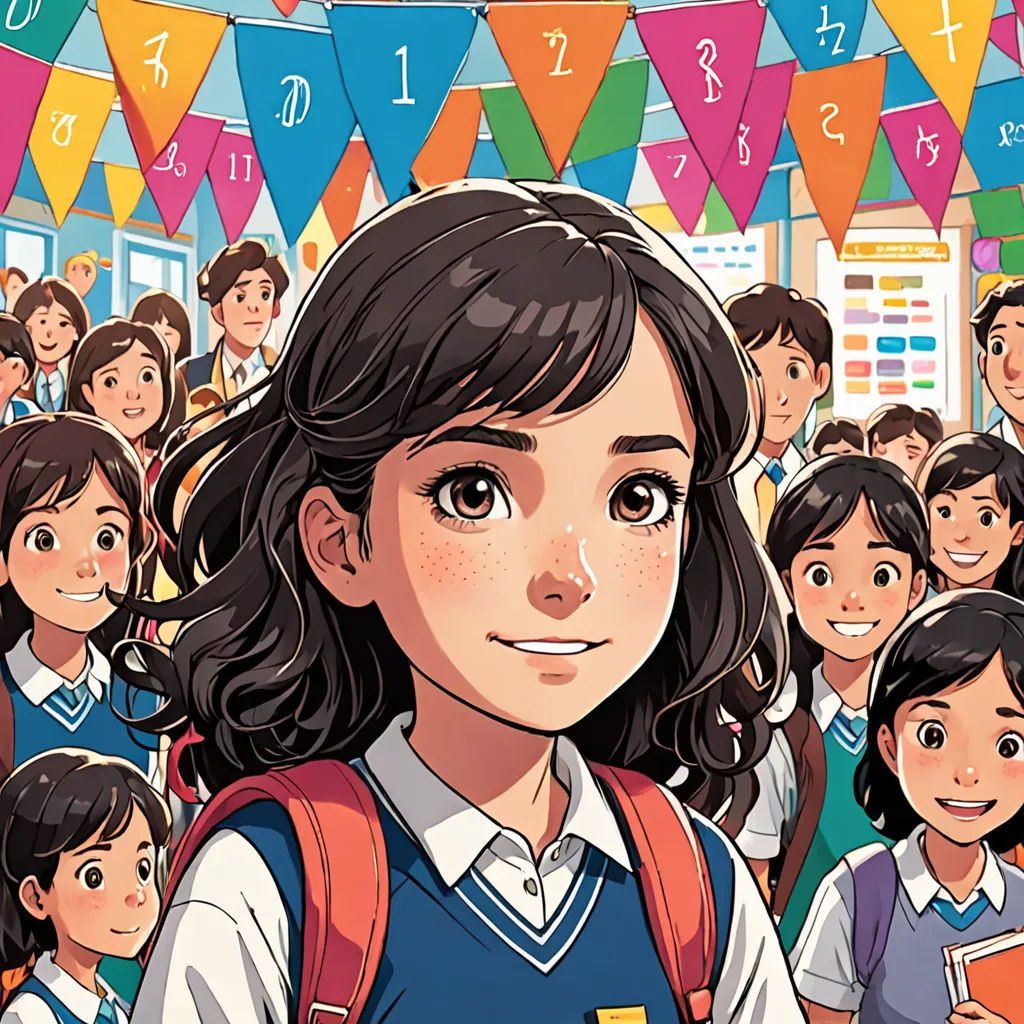 a girl in a school uniform surrounded by a group of children in a classroom with colorful flags and bunting, Diego Gisbert Llorens, private press, a comic book panel, comic cover art
