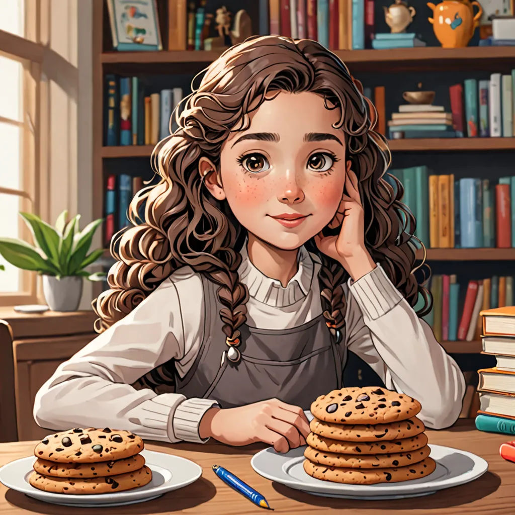 a girl sitting at a table with a stack of cookies on it and a stack of books behind her, Clarice Beckett, fantasy art, a storybook illustration, storybook illustration