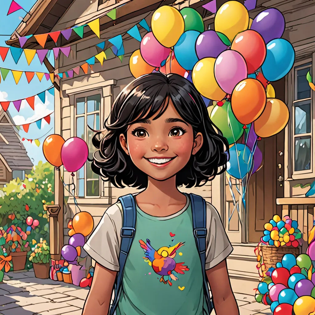 a girl with a backpack standing in front of a house with balloons on the front of it and a bunch of balloons in the air, Dustin Nguyen, vancouver school, a storybook illustration, comic cover art