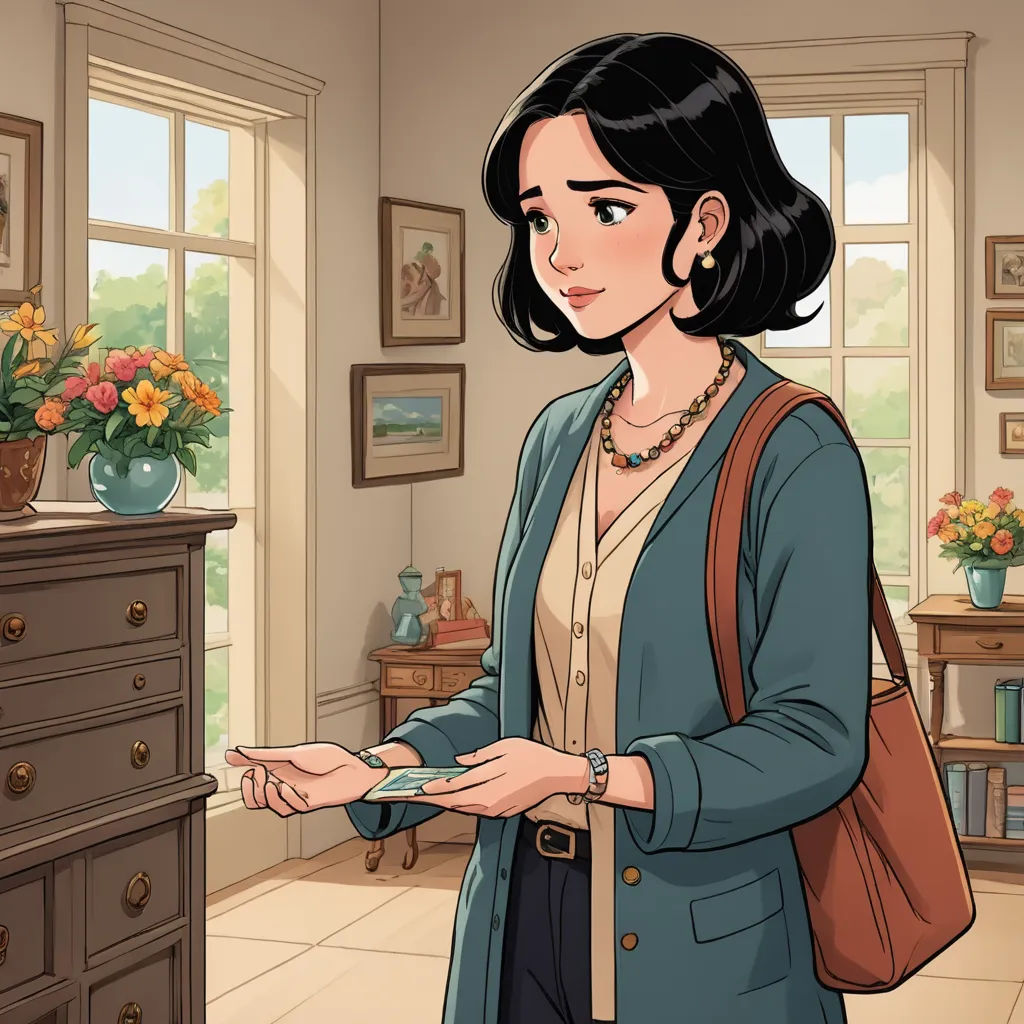 a woman holding a cell phone in a room with a dresser and a vase of flowers on the table, remodernism, a comic book panel, Anne Said, kinkade