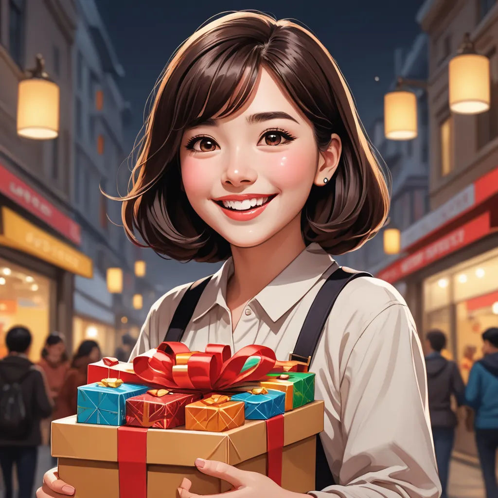 a woman holding a box of presents in a shopping mall at night time, with a smile on her face, fantasy art, a storybook illustration, Artgerm, stanley artgerm lau