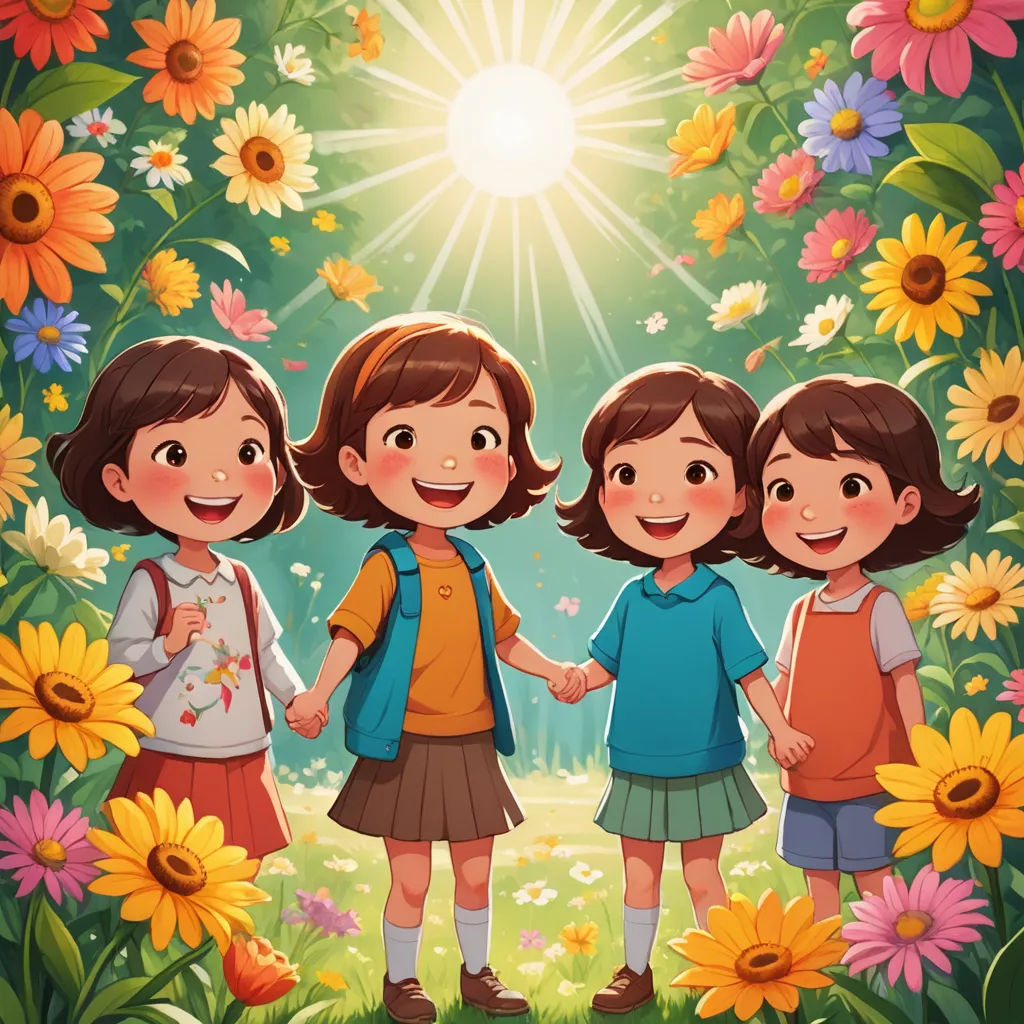 three girls are standing in a field of flowers and holding hands with the sun shining behind them and smiling, naive art, a storybook illustration, Diego Gisbert Llorens, official art