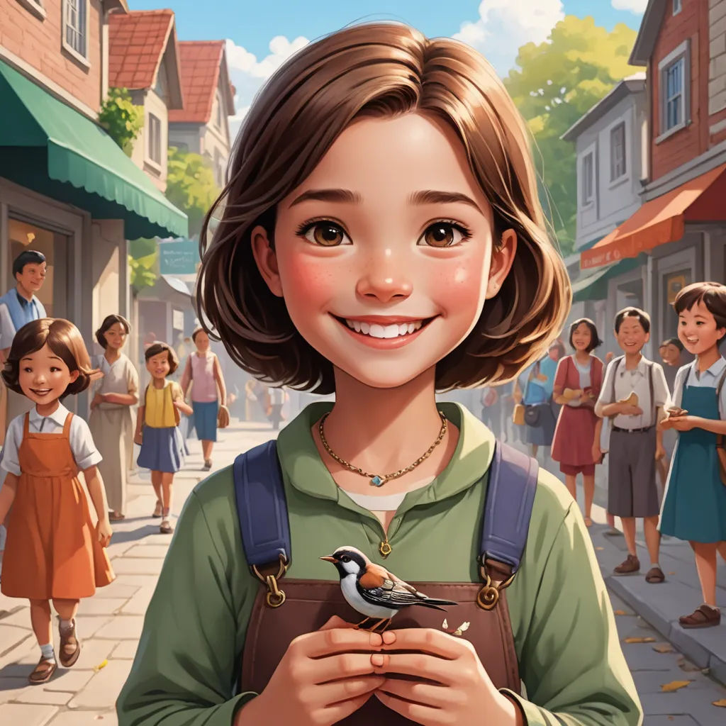 a cartoon girl holding a bird in front of a crowd of people on a street with buildings in the background, magical realism, a storybook illustration, Alice Prin, kinkade