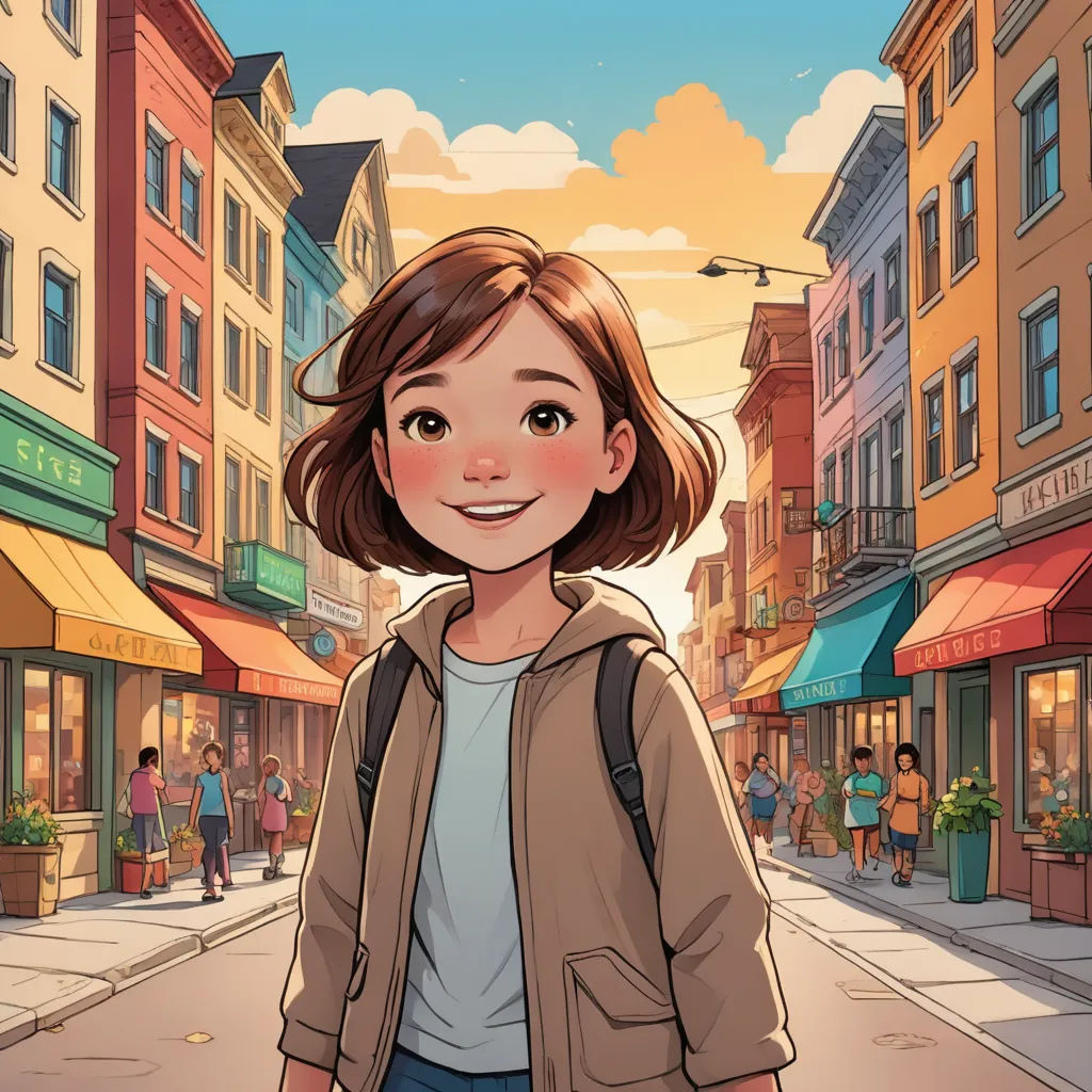 a cartoon girl standing in the middle of a street with buildings in the background and people walking around the street, paris school, a comic book panel, Cliff Childs, comic cover art