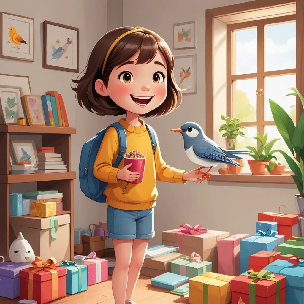 a girl holding a bird and a cup of coffee in a room with gifts and a window with a bird on it, art & language, a storybook illustration, Diego Gisbert Llorens, official art