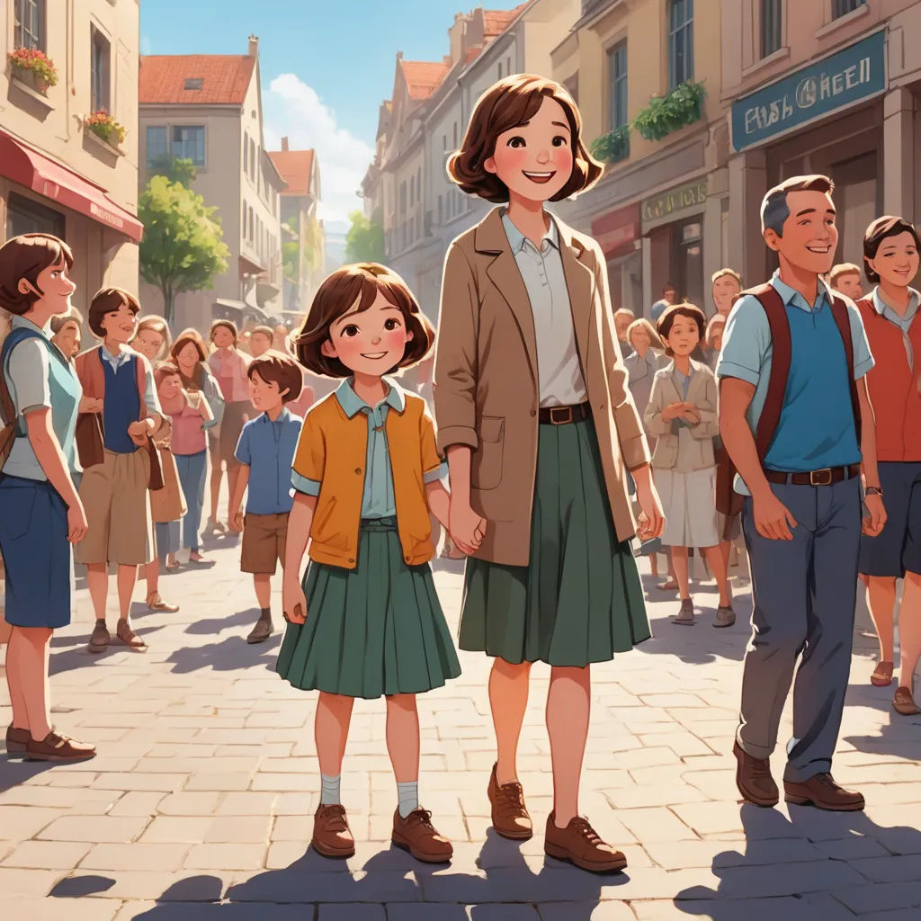 a cartoon of a woman and a child standing in front of a crowd of people on a street with buildings, paris school, a storybook illustration, disney, official art