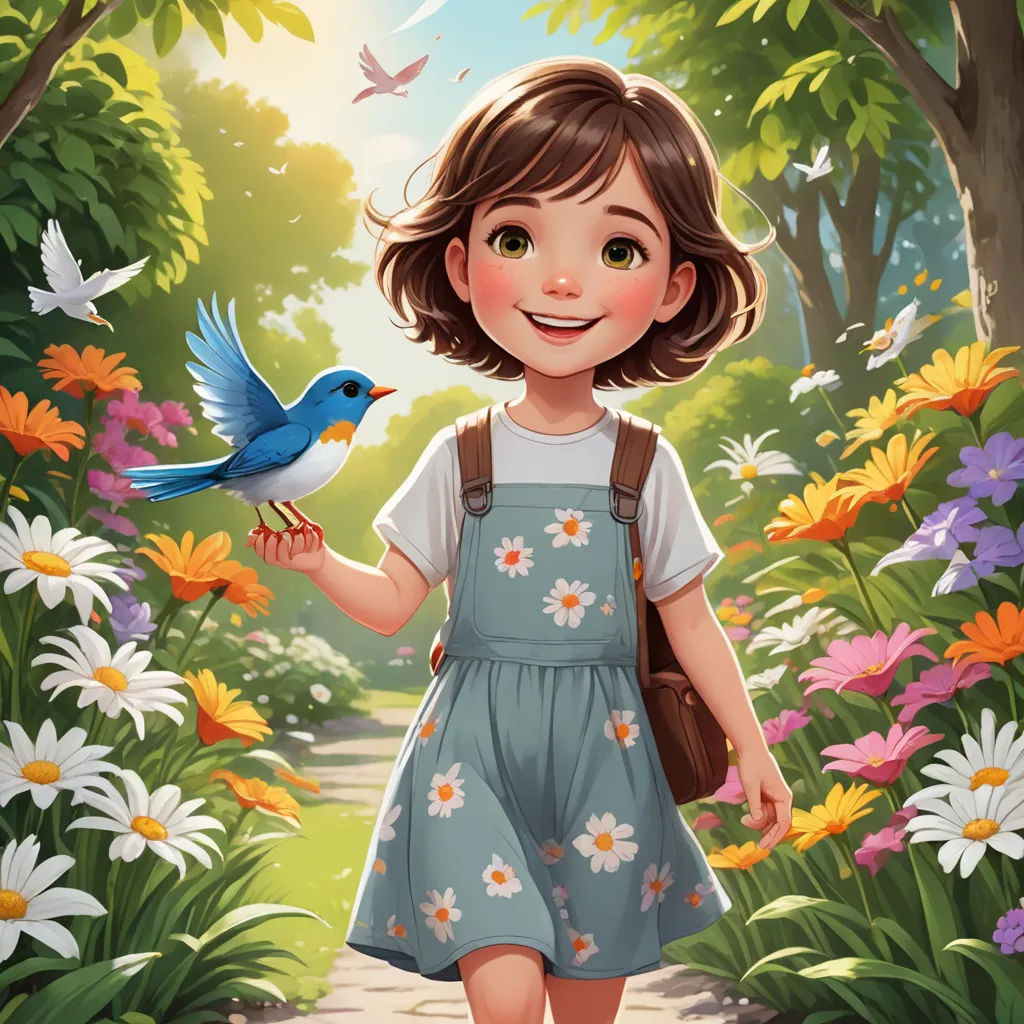 a girl in a blue dress holding a blue bird in a forest with flowers and trees around her,, fantasy art, a storybook illustration, Cliff Childs, storybook illustration