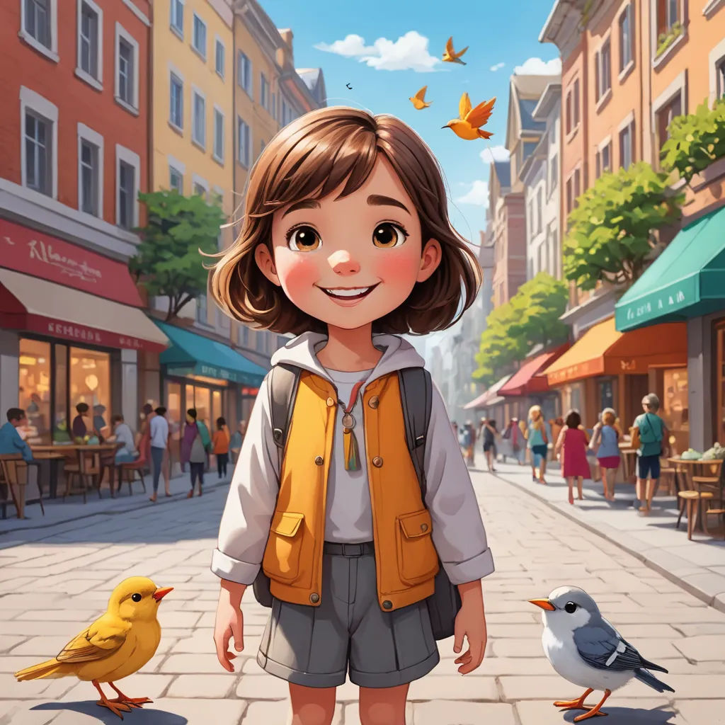 a girl standing on a sidewalk with birds flying around her and a bird sitting on the ground in front of her, paris school, a storybook illustration, disney, cgstudio