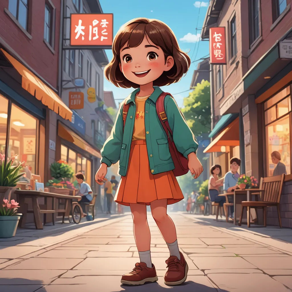 a girl in a green jacket and orange dress standing on a street in front of a restaurant with a sign that says,, paris school, a character portrait, Chen Hong, official art