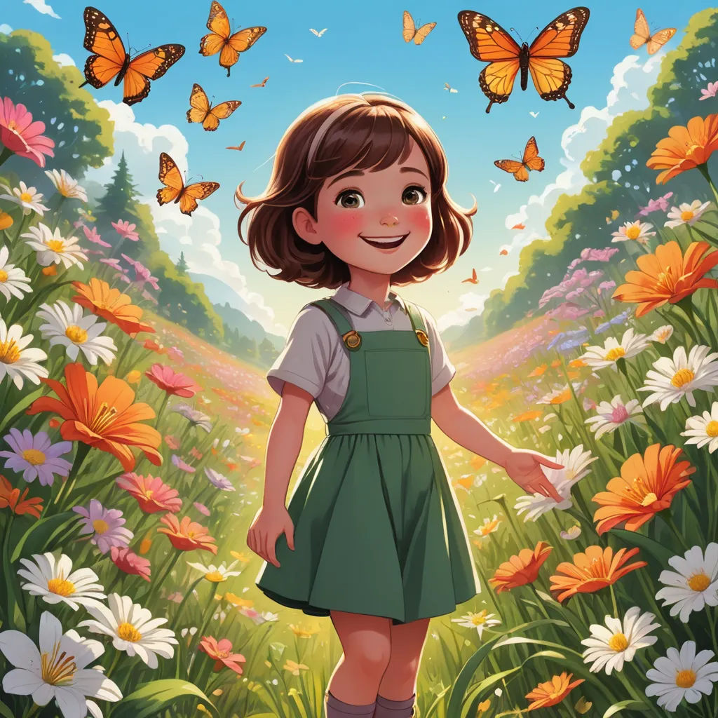 a girl in a field of flowers with butterflies flying overhead and a butterfly in the sky above her head, magical realism, a storybook illustration, Alice Prin, official art