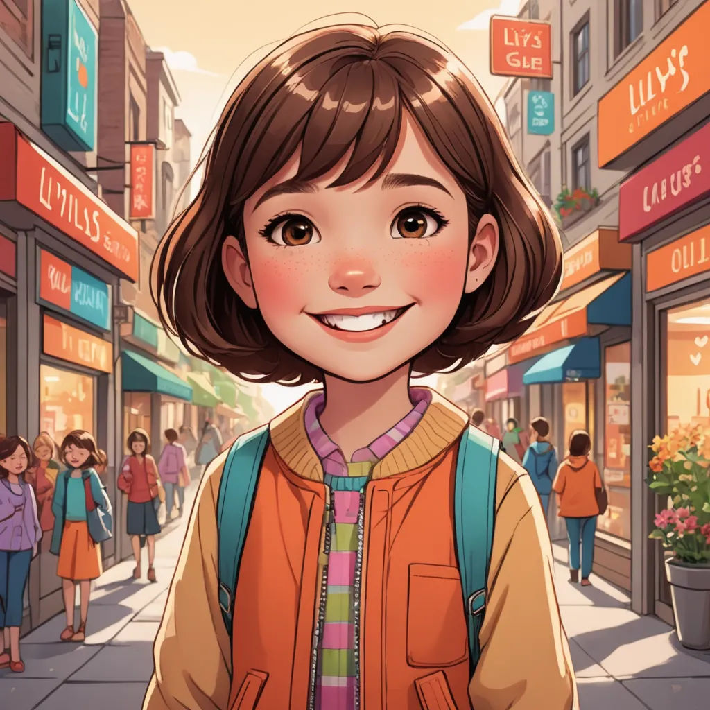 a cartoon of a girl with a backpack on a city street with people walking by and shops on the sidewalk, photorealism, a comic book panel, Chen Lin, rossdraws global illumination