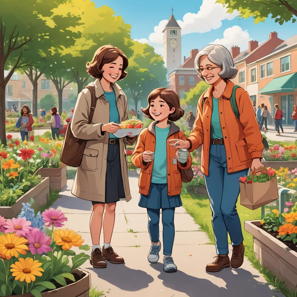 a woman and two children are walking down a sidewalk with flowers in the background and a clock tower in the distance, american scene painting, a storybook illustration, Evgeny Lushpin, official art