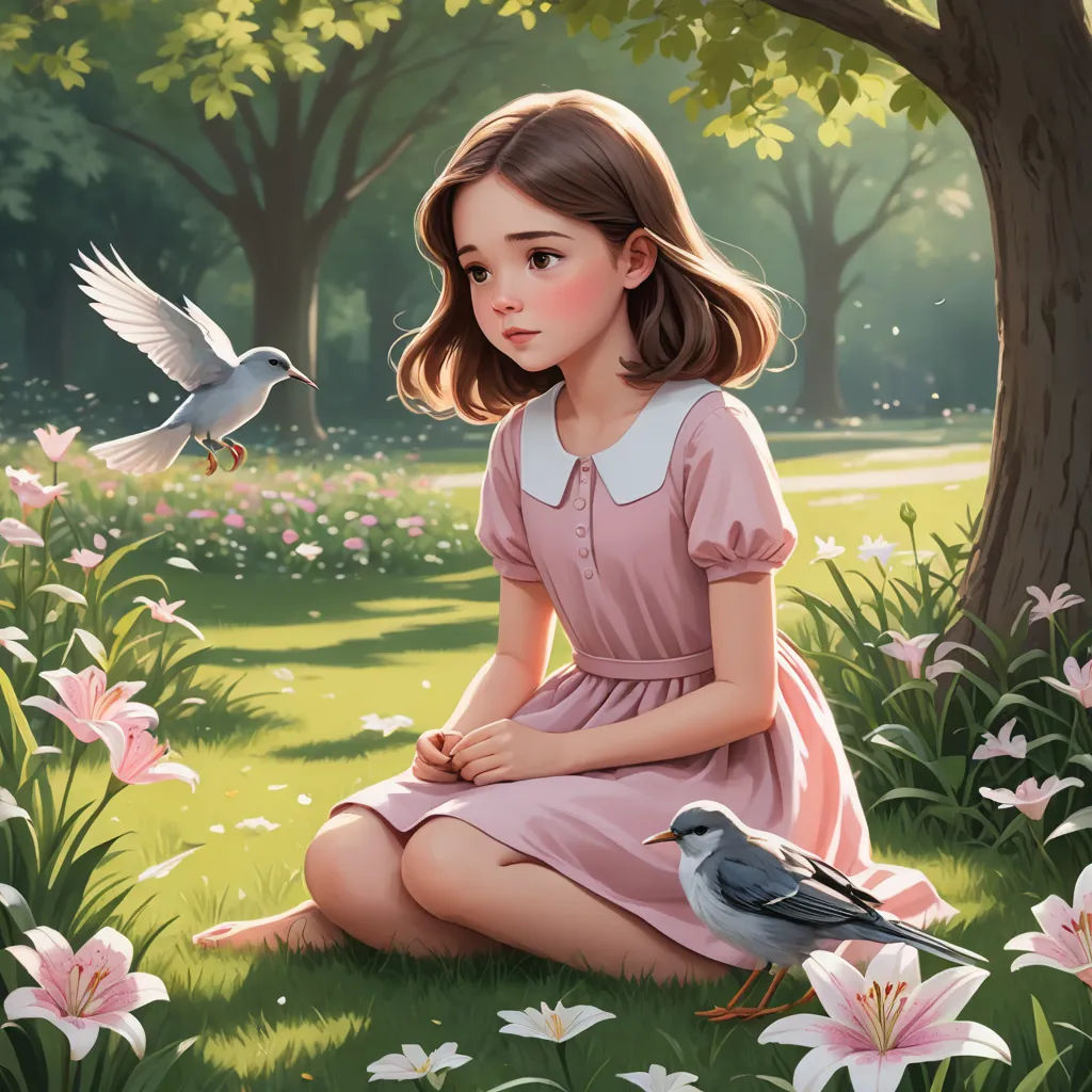 a painting of a girl sitting in a field with a bird flying over her head and a bird flying over her shoulder, fantasy art, a storybook illustration, Alice Prin, rossdraws global illumination