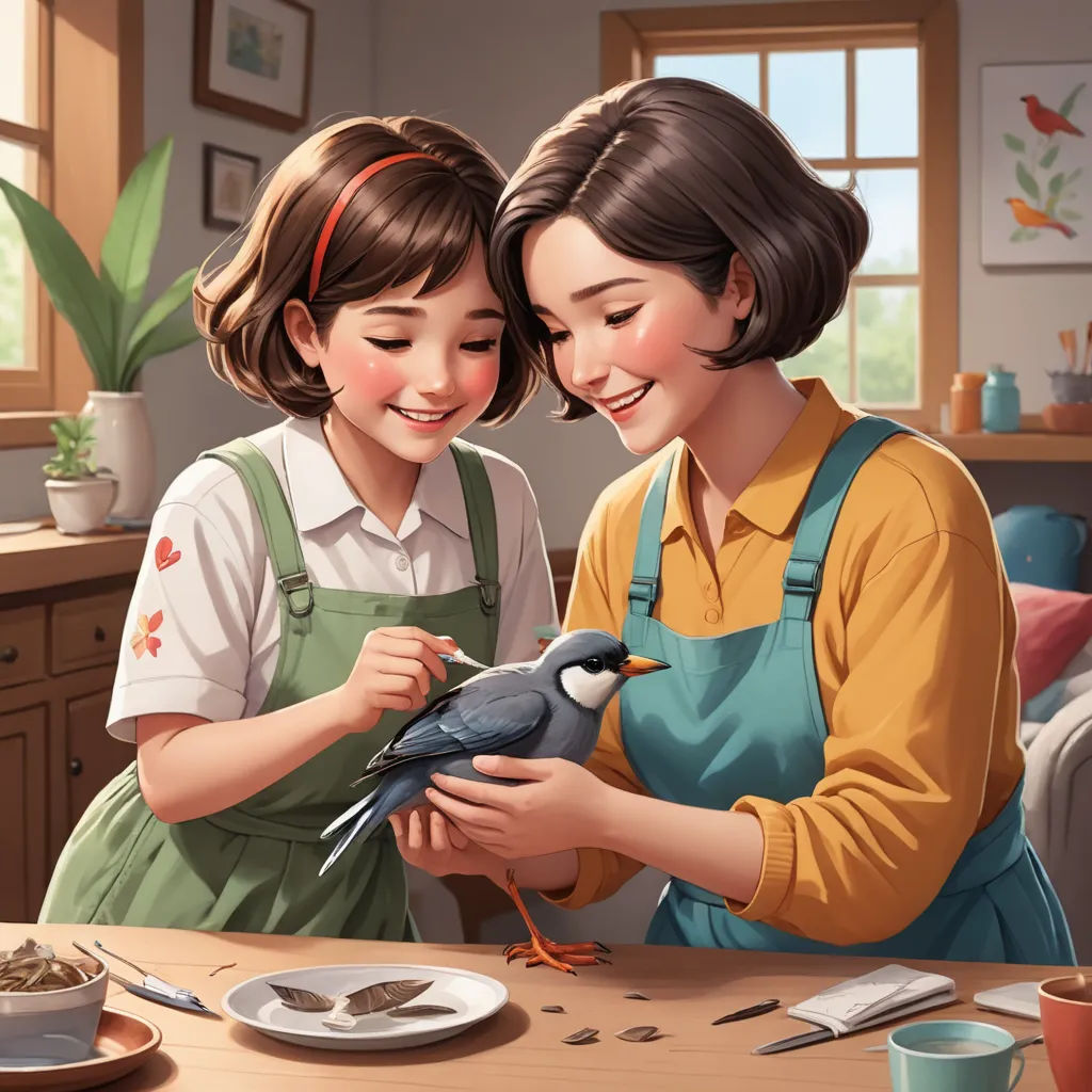 two girls are looking at a bird on a table with a plate of food on it and a pot of flowers, american scene painting, a storybook illustration, David Park, official art