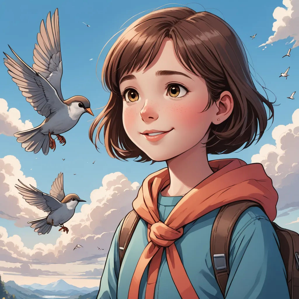 a girl with a backpack and a bird flying over her head in the sky above her head is a bird, visual art, a character portrait, Cliff Childs, comic cover art