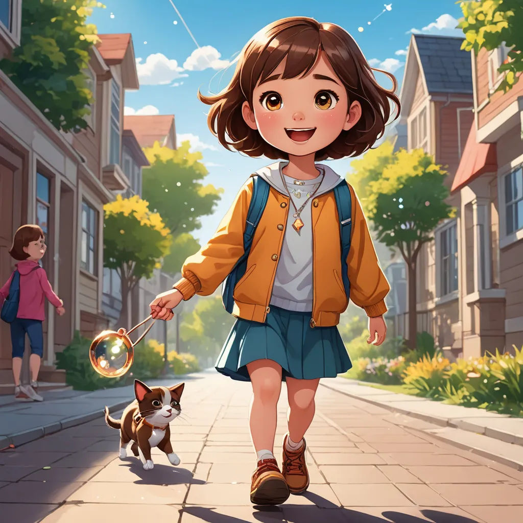 a girl walking down a street with a dog and a bubble wand in her hand and a cat on the sidewalk, paris school, a storybook illustration, Chen Hong, official art