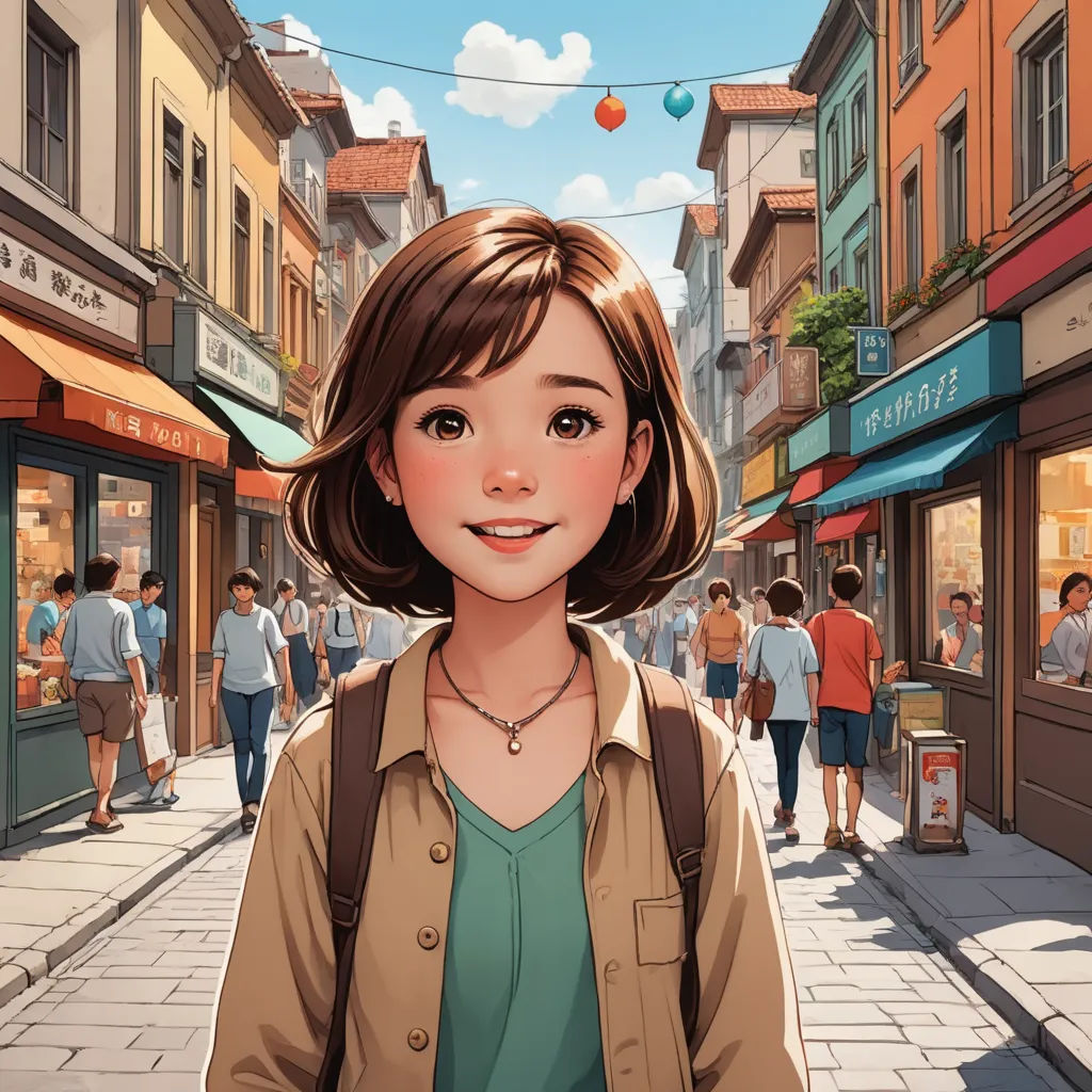 a woman standing in the middle of a street with a crowd of people walking by her on a sunny day, photorealism, a comic book panel, Atey Ghailan, trending on art station