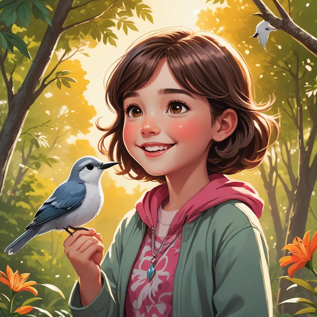 a girl holding a bird in a forest with flowers and trees in the background, and a bird on her finger, fantasy art, a storybook illustration, Artgerm, stanley artgerm lau