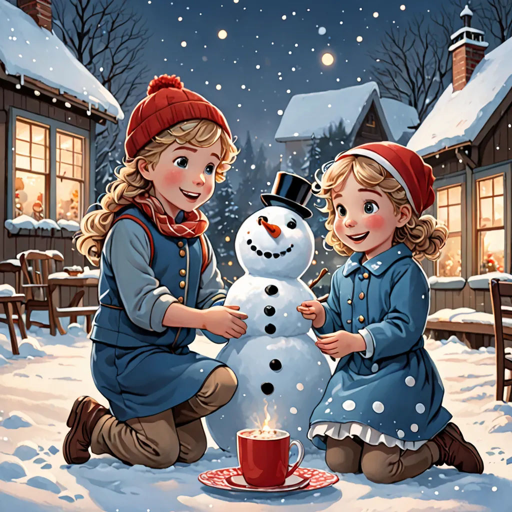 two children building a snowman in the snow with a lit candle in front of them and a house in the background, naive art, a storybook illustration, Brothers Hildebrandt, highly detailed digital painting